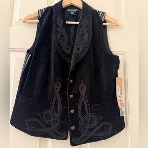 Ralph Lauren Black Embroidered Velvet Vest with Button Closure